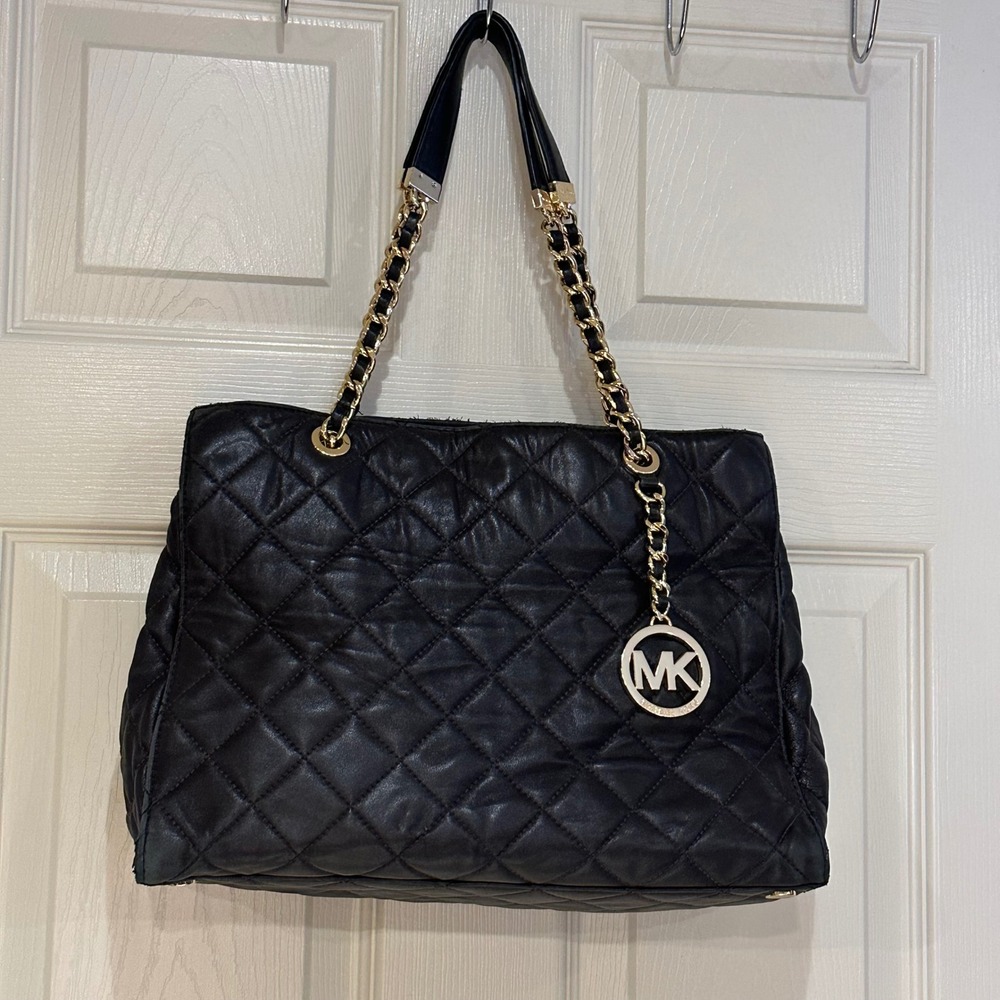 Michael Kors Quilted Leather Tote Bag Black Gold Chain Shoulder Bag MK Charm